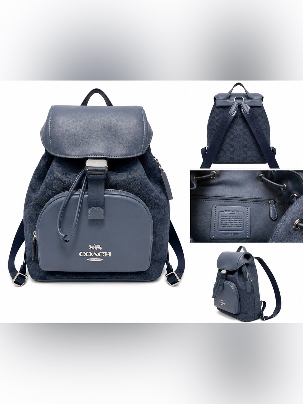 Coach Court Backpack Signature Canvas & Leather Navy Blue Bookbag